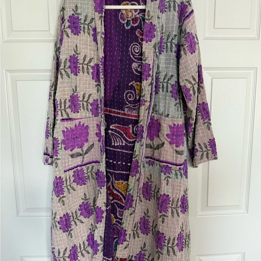 Floral Purple and Gray Kimono - Picture 1 of 10